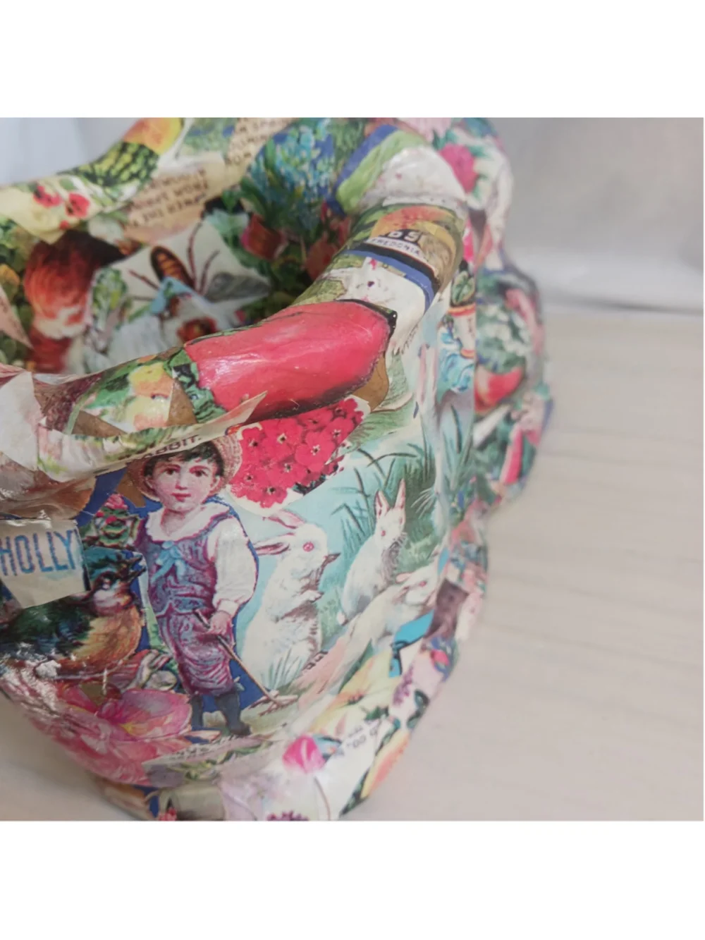 Vintage Paper Mache Rabbit Deco Page Basket Holder Bowl Unusual Farmhouse Color